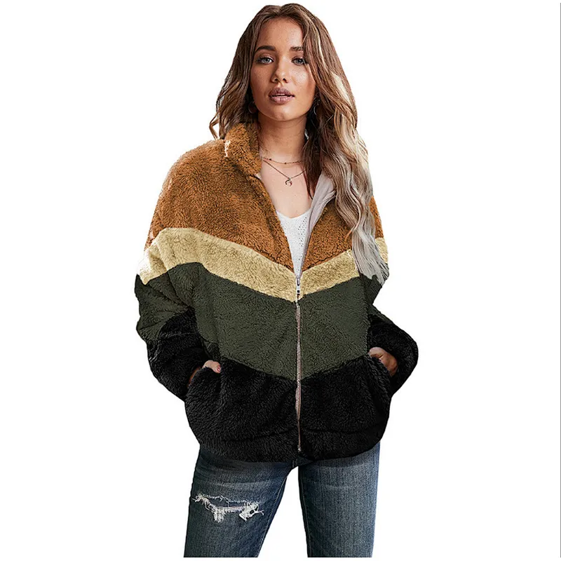 Women's Zip up Polar Sweatershirt Patchwork Sherpa Bomber Fleece Jacket pullover