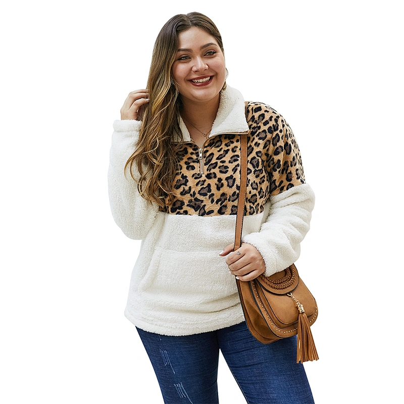 Kangaroo Pocket Womens Oversized Sweatshirt Fuzzy 1/4 zipper Plus Size Leopard Print Sherpa Fleece Pullover