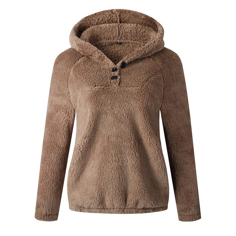 YIWU Factory Womens Fleece Sweatershirt Solid color Button Sherpa Fleece Pullover Hoodie