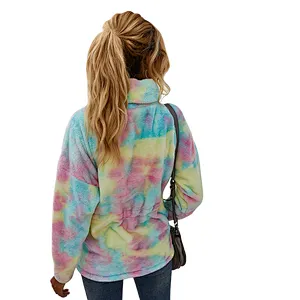 Direct Factory Womens Lambs Wool  Front Belt Teddy Coat High Stand Collar Tie Dye Sherpa Fleece Pullover