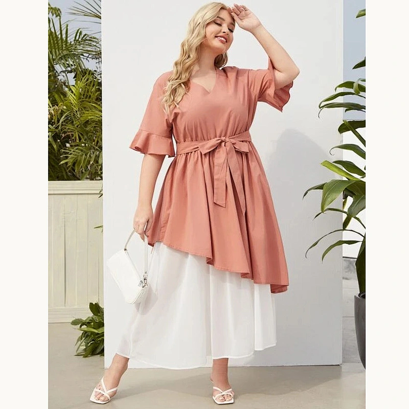2021 New Plus Two Tone Belted A-line Dress