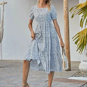 2021 New Arrival Confetti Print Ruffle Hem Puff Sleeve Dress Ladies Dresses Elegant Office Dress