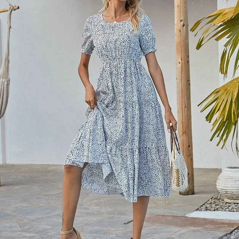 2021 New Arrival Confetti Print Ruffle Hem Puff Sleeve Dress Ladies Dresses Elegant Office Dress
