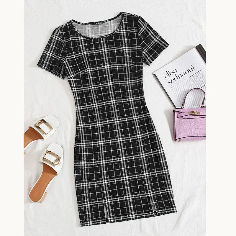 2021 New Plus M-slit Hem Plaid Dress Printed dress O Neck