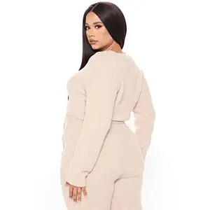 2021Amazon Women Pajamas Set Cozy Fuzzy Legging Set Taupe