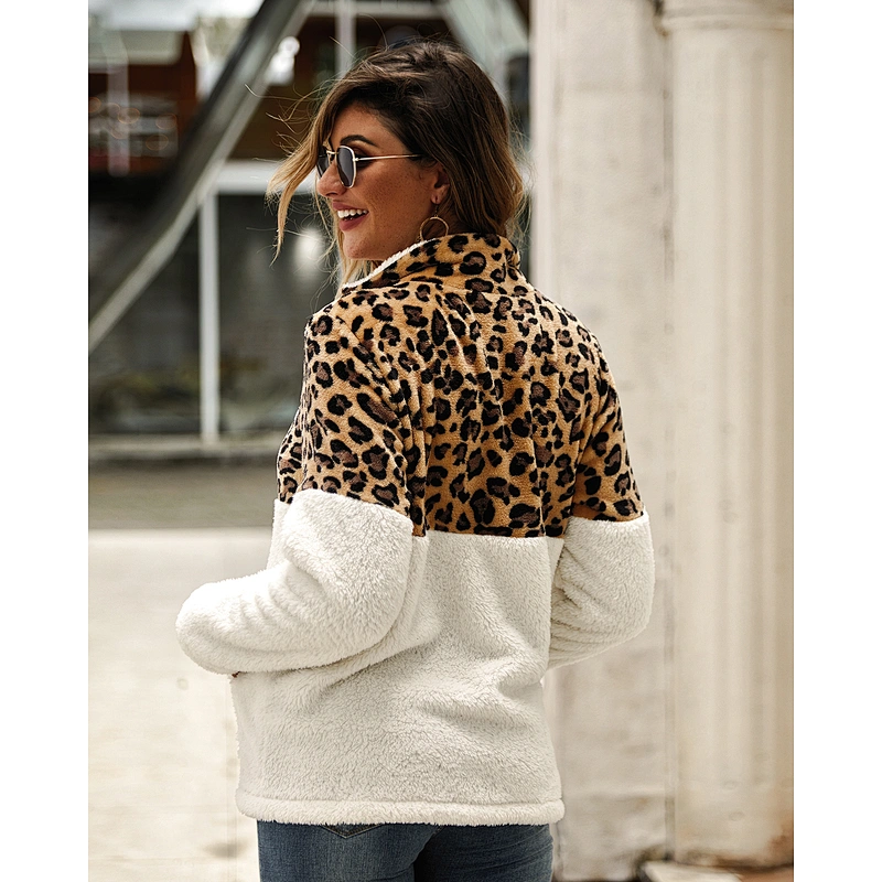 Direct Factory womens Teddy Coat Quarter Zip Up Leopard Print Sherpa Fleece Sweatshirt Pullover