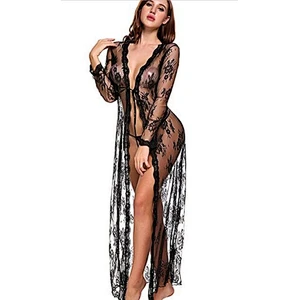 2021Amazon Sexy pajamas  lingerie bathrobe lace long skirt sexy robe  big size