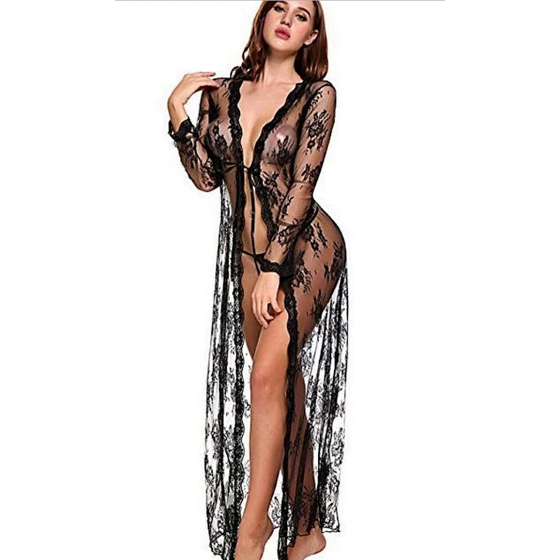 2021Amazon Sexy pajamas  lingerie bathrobe lace long skirt sexy robe  big size