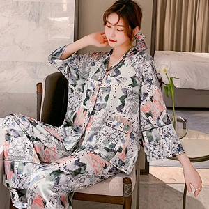 2021 Amazon Winter Pajamas Set comfortable show thin wide leg pants individual graffiti print ice silk pajamas