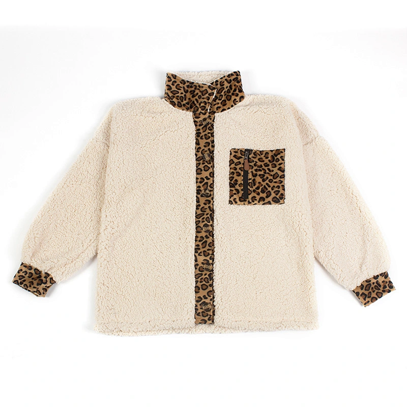Factory Direct Womens Long Sleeve Teddy Bear Coat Full Button Fuzzy Leopard Print Sherpa Fleece Pullover