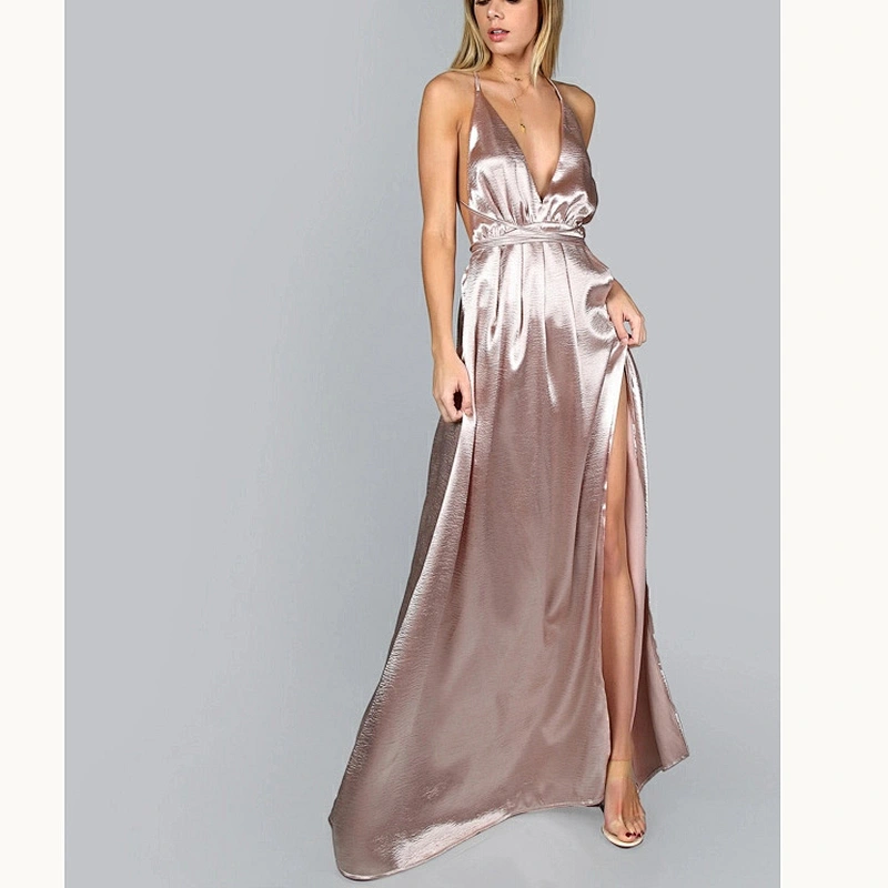 2021 New Arrival Plunge Neck Crisscross Back Split Thigh Pleated Satin Dress Sexy Lady Evening Dress