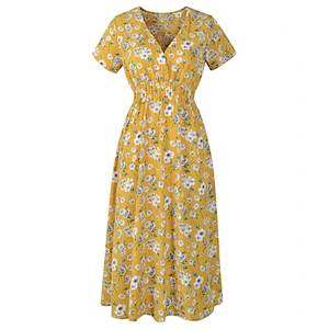 2021New chiffon beach skirt printed V-neck short sleeve dress Bohemian skirt