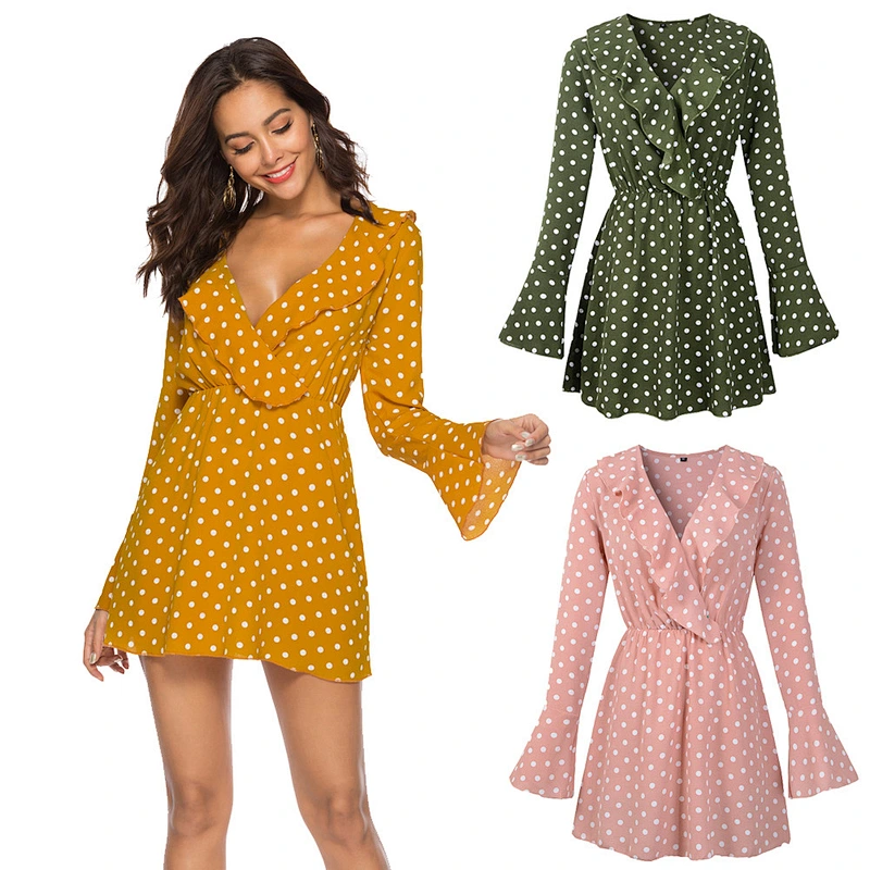 2021 Spring new - style sexy V neck wave dot flounce chiffon skirt horn sleeve
