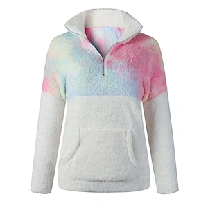 Womens Zipper Hoodies Sweatshirts Tie dye Patchwork Sherpa Fleece Jumpers Pullover with Front Pocket