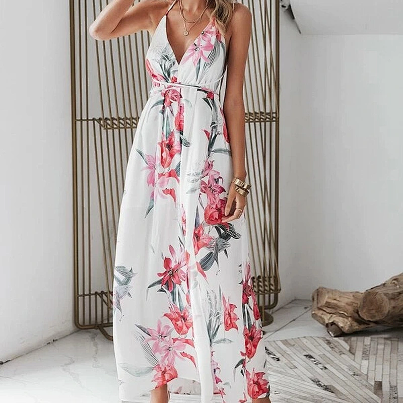 2021 New Arrival Simplee Lace Up Backless Wrap Floral Dress Evening Dress Fashion Office Dress