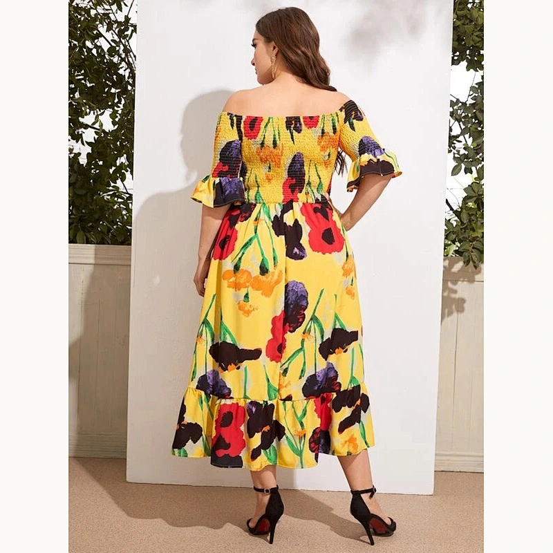 2021 New Plus Floral Print Shirred Bardot Dress