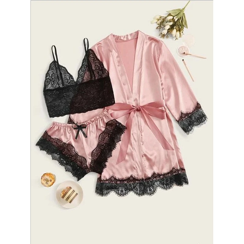 2021Amazon Womens pajamas  Silk pajamas set 3pcs Floral lace Trim Satin with robe
