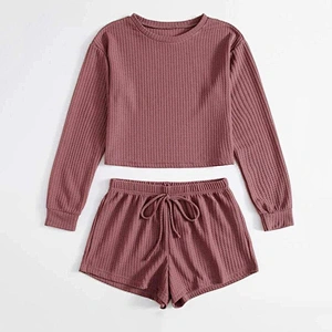2021new casual wear solid tee with knot shorts loungewear set