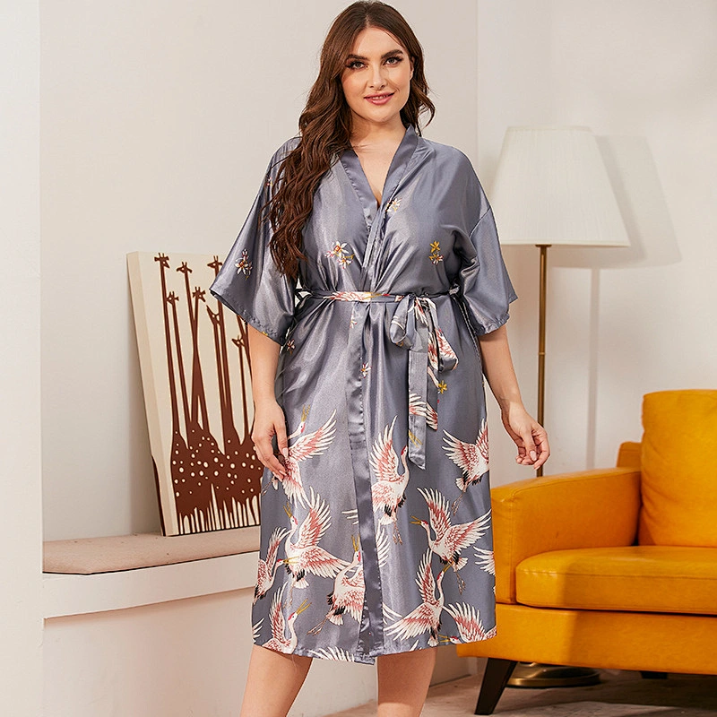 New Arrive Summer Satin Silk Women Robe Plus Size Printed Ice Silk Robe Long Pyjamas