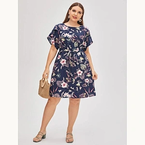 2021 New Plus Butterfly Sleeve Belted Tropical Print Dress