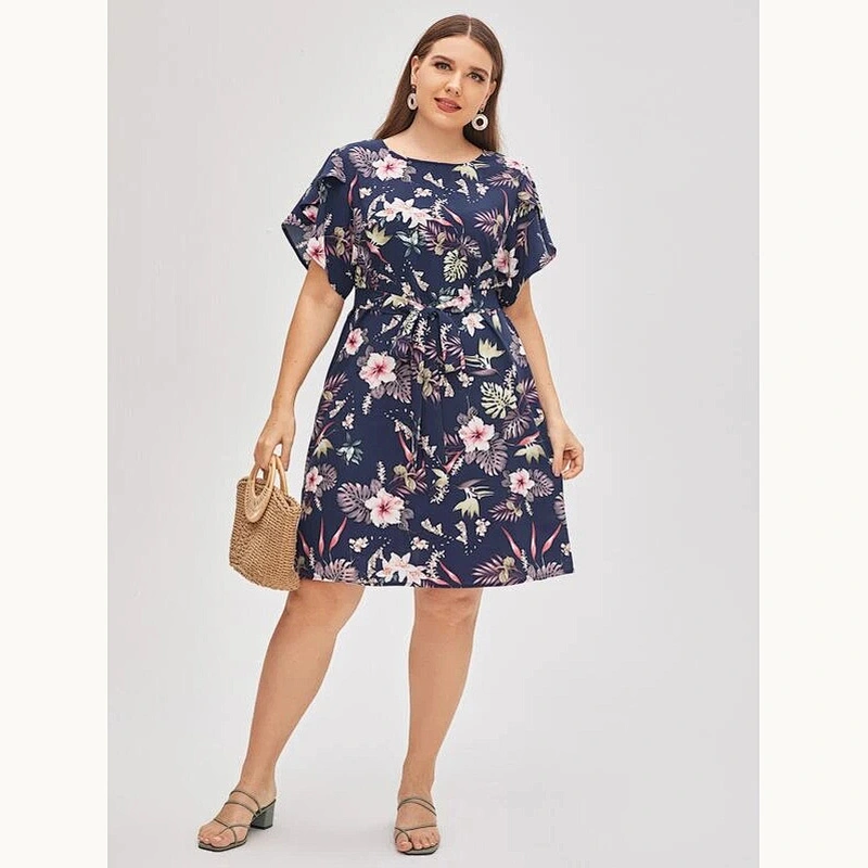 2021 New Plus Butterfly Sleeve Belted Tropical Print Dress