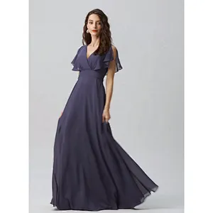 OEM Manufactory Customized  A Line V Neck Floor Length Bridesmaid Dress   Back Bow Tie Chiffon Evening Dress