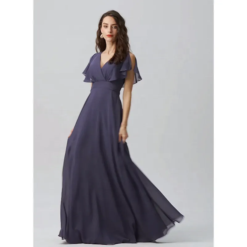 OEM Manufactory Customized  A Line V Neck Floor Length Bridesmaid Dress   Back Bow Tie Chiffon Evening Dress