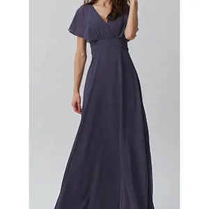 OEM Manufactory Customized  A Line V Neck Floor Length Bridesmaid Dress   Back Bow Tie Chiffon Evening Dress