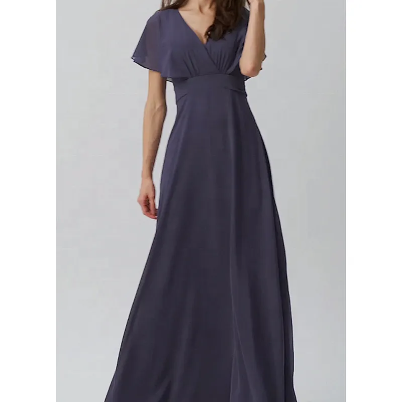 OEM Manufactory Customized  A Line V Neck Floor Length Bridesmaid Dress   Back Bow Tie Chiffon Evening Dress