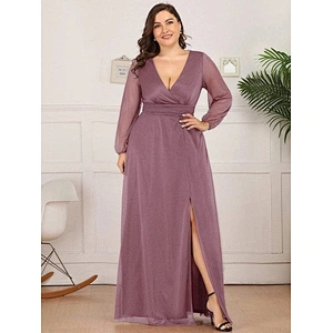 Latest Stylish Chiffon Women's V-Neck Shiny Plus Size Puff Sleeve Floor Lentgh Evening Dress