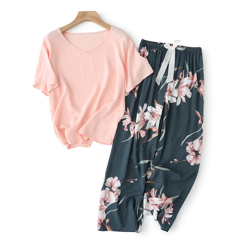 2021new pajamas for women spring summer cotton silk suit short sleeves long trousers  large size casual wear