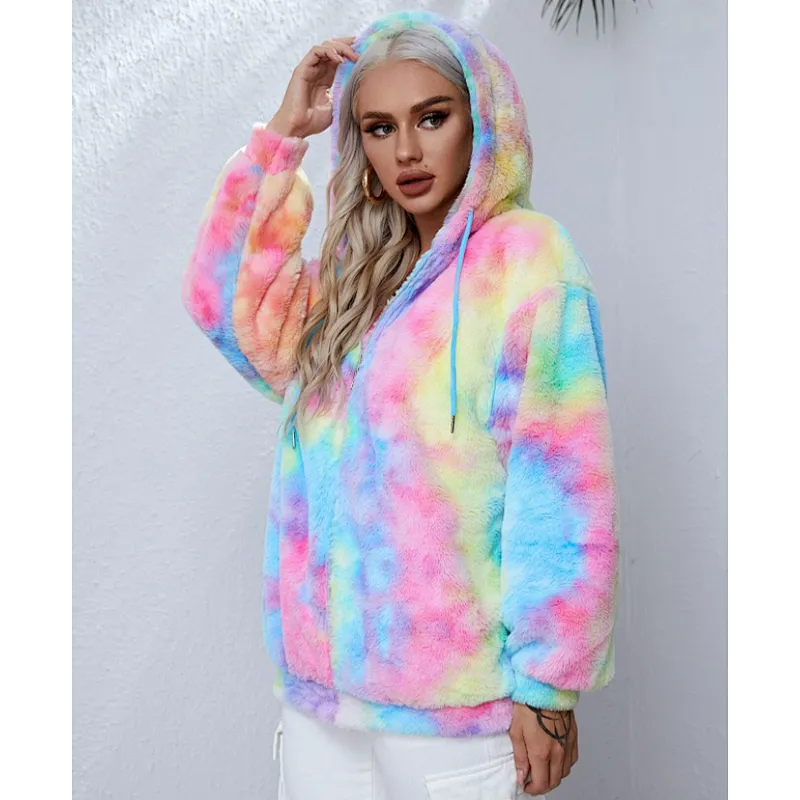 Womens Fuzzy Drawstring Teddy Coat Jacket Full Zip Tie Dye Sherpa Fleece Hoodies