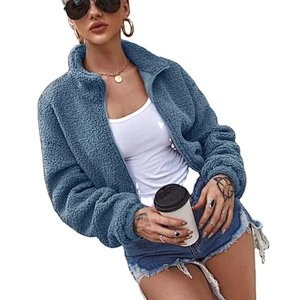 2021 Amazon Womens Solid Zip-up Jacket Sweatershirt Cropped Bomber Sherpa fleece pullover