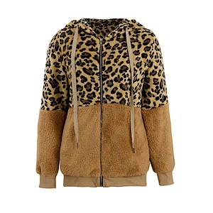 Womens Two Side Belt Teddy Coat Full Zipper Leopard Pattern Sherpa Fleece Hoodies Pullover