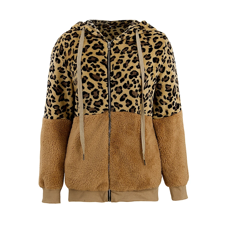 Womens Two Side Belt Teddy Coat Full Zipper Leopard Pattern Sherpa Fleece Hoodies Pullover