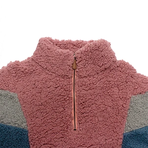 Unisex Fuzzy Color Block Teddy Coat Quarter Zip Patchwork Sherpa Fleece Jacket Pullover