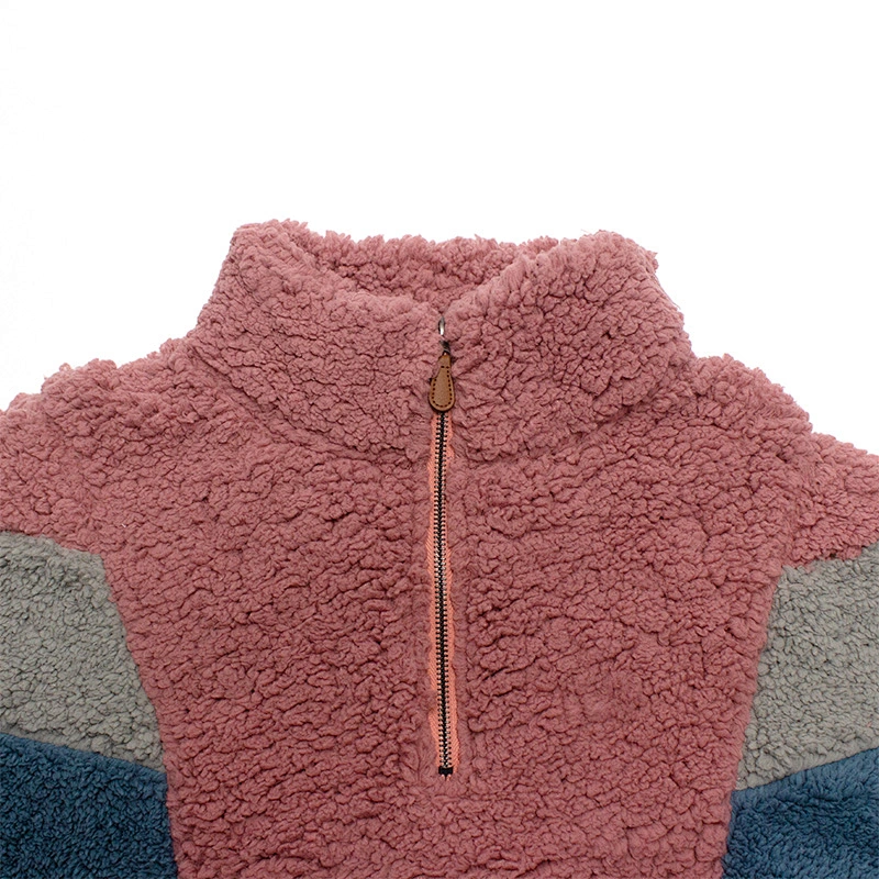 Unisex Fuzzy Color Block Teddy Coat Quarter Zip Patchwork Sherpa Fleece Jacket Pullover
