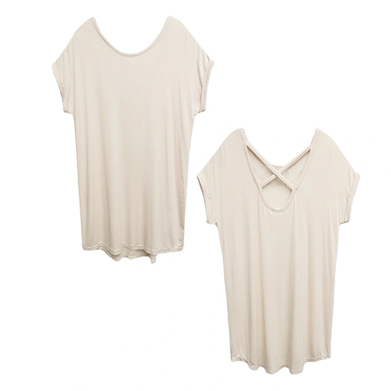 New Customized spring summer women nightgown ribbed short sleeve loose nightdress slub Crisscross backneck Knit pyjamas