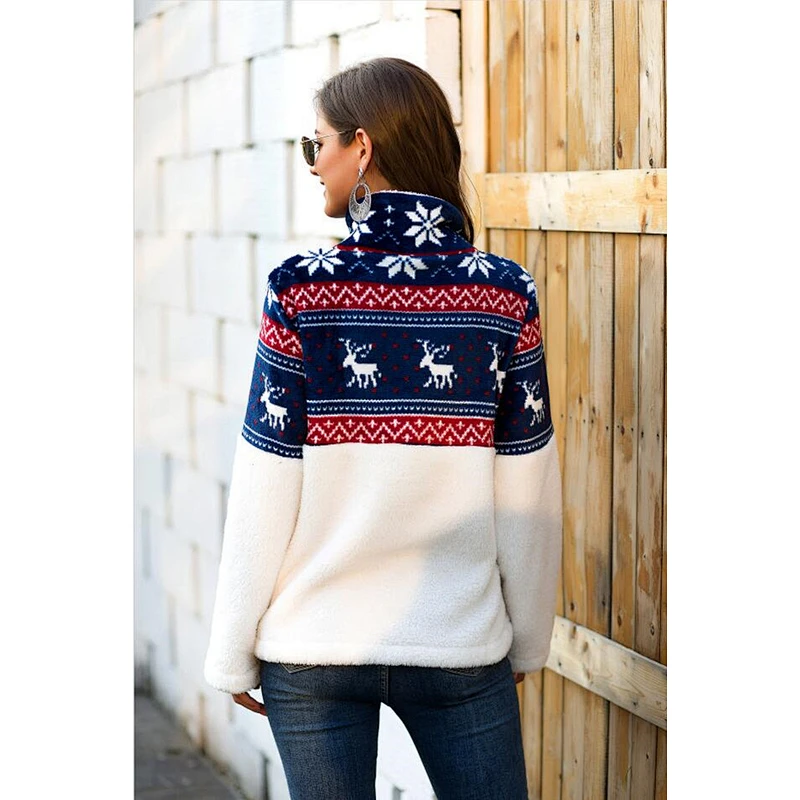 2021 Christmas Womens Patchwork Sweatshirt Turtleneck Quarter Zip Sherpa Fleece Outwear Pullover