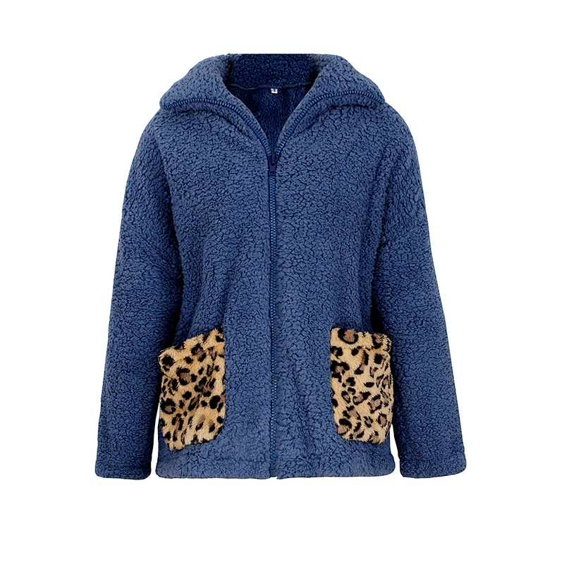 Womens Wool Leopard Pattern Full Zipper Two Side Pocket Sherpa Fleece Hoodies Pullover