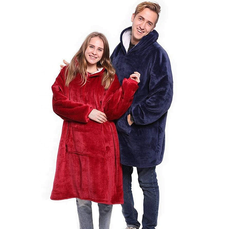 Reversible Blanket Sweatshirt Oversized Wearable Sherpa Fleece Hoodie Blanket pullover with Pocket
