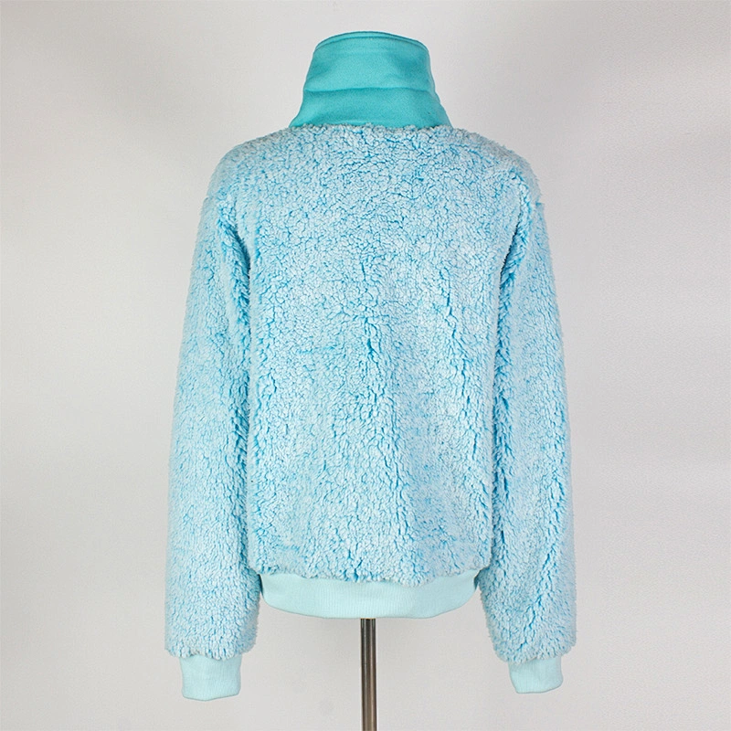 Women's Fuzzy Long Sleeve Sky Blue Color Sweatshirt Button Stand Collar Sherpa Fleece Pullover