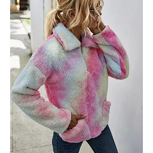 Womens Lambs Wool Front Pocket Teddy Sweatshirt Half Zip Tie Dye Sherpa Fleece Jacket Pullover
