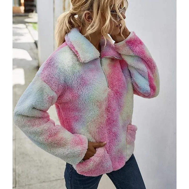 Womens Lambs Wool Front Pocket Teddy Sweatshirt Half Zip Tie Dye Sherpa Fleece Jacket Pullover