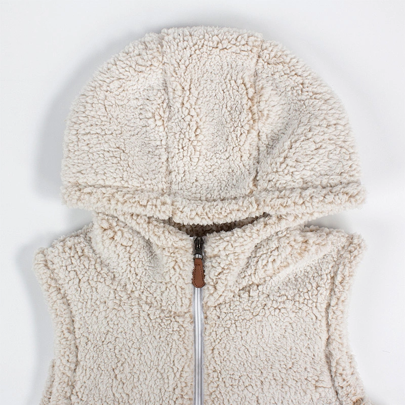 Factory Direct Winter Warm Teddy Waistcoat Beige Full Zip Sleeveless Hooded Sherpa Fleece Vest