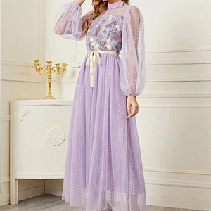 2021 New Arrival Polka Dot Mock Neck Belted Mesh Overlay Dress Romantic Lexy Lady Dress