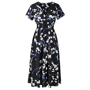 2021New chiffon beach skirt printed V-neck short sleeve dress Bohemian skirt