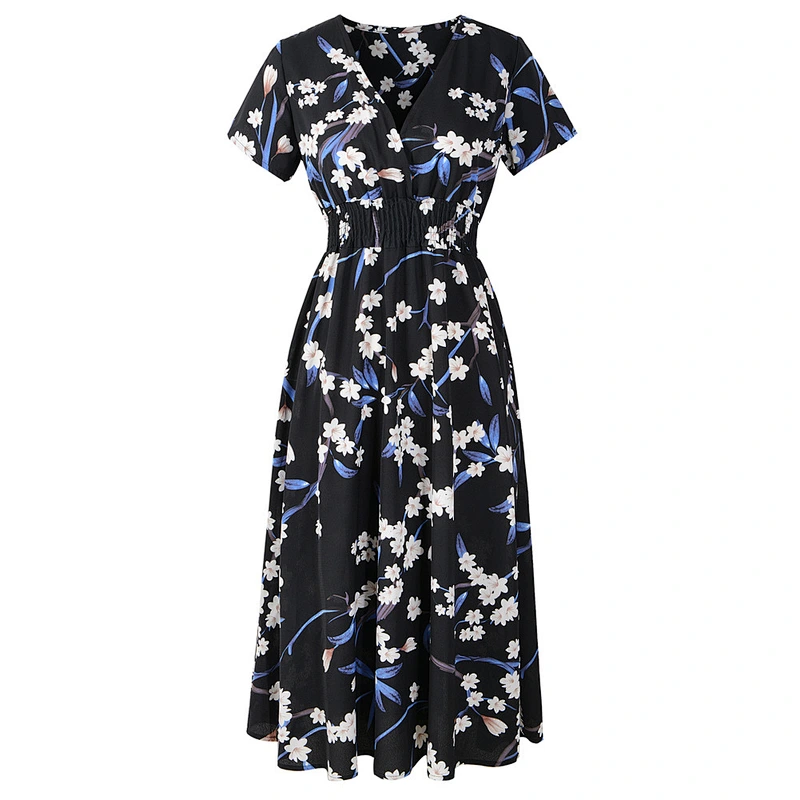 2021New chiffon beach skirt printed V-neck short sleeve dress Bohemian skirt