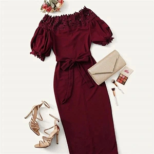 2021 New Arrival Guipure Lace Yoke Puff Sleeve Belted Pencil Dress Office Sexy Dress