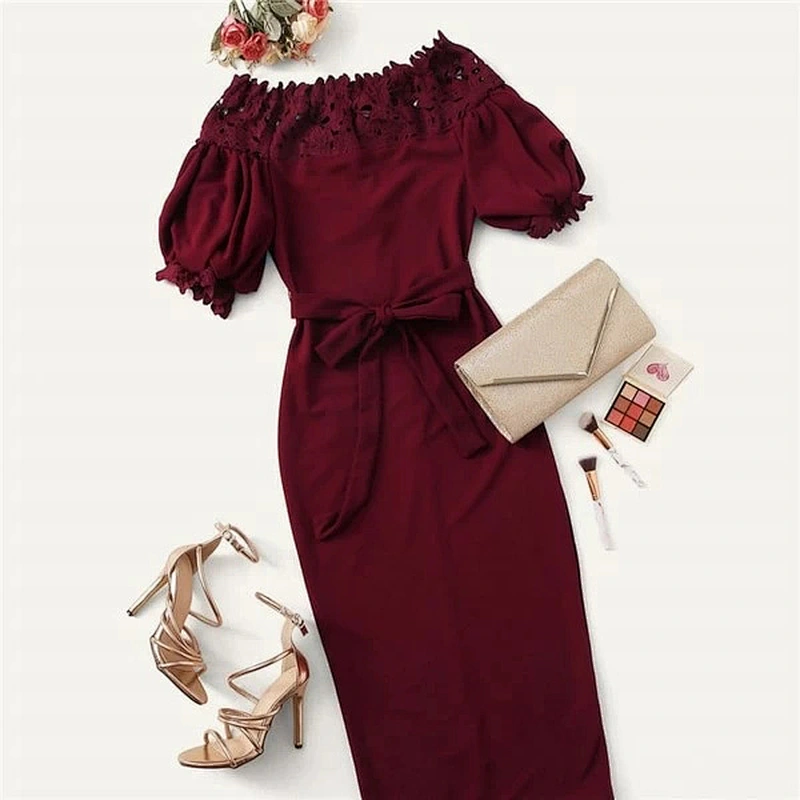 2021 New Arrival Guipure Lace Yoke Puff Sleeve Belted Pencil Dress Office Sexy Dress